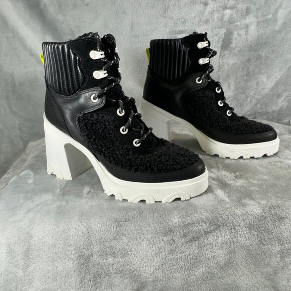 Sorel Womens boots 8.5 Brex Black leather Faux shearling block heel lace-up boot - Picture 9 of 16